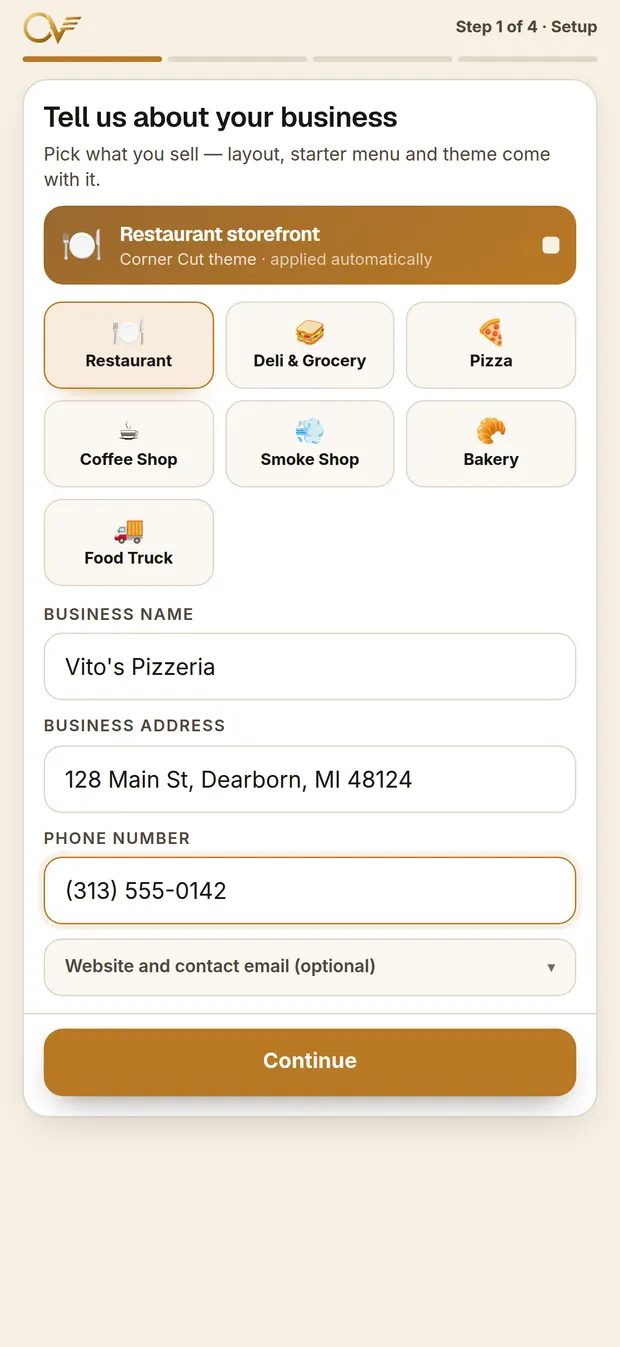 Step 1 of 4, Business Setup: the business type grid with Restaurant chosen and its storefront and theme previewed