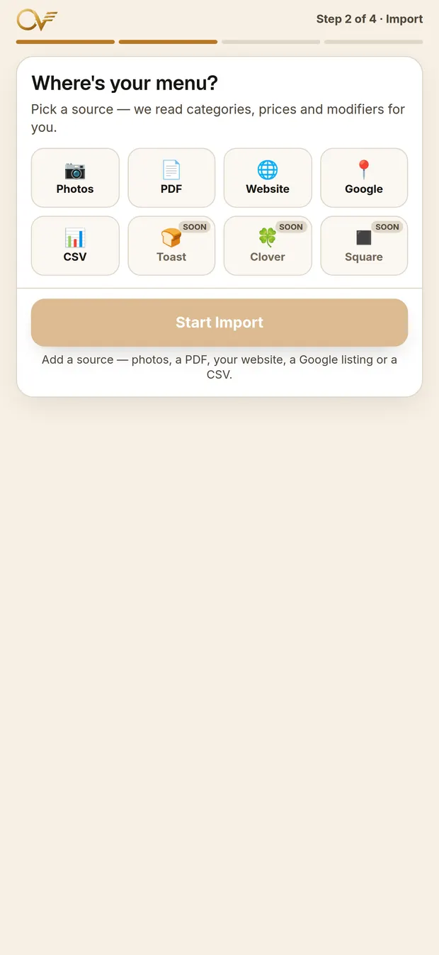 Step 2 of 4, Import Menu: the sources OrderVora can read a menu from — photos, PDF, website, Google and CSV
