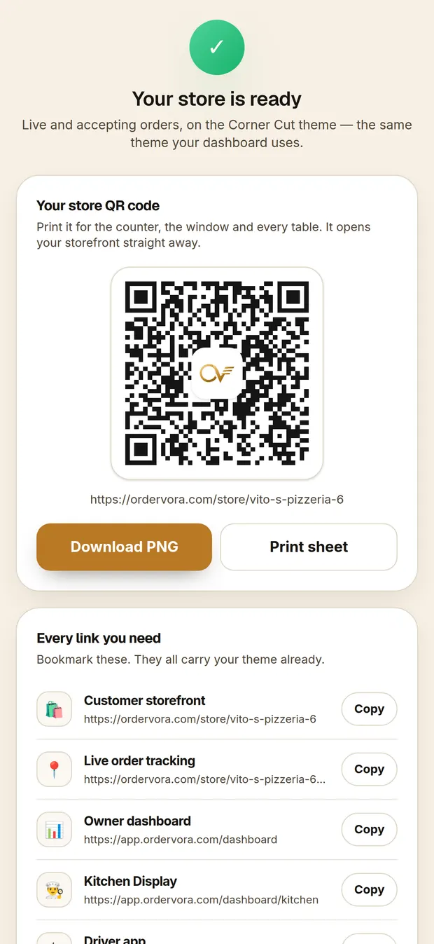 Step 4 of 4: the store is live, with its QR code and the links to the storefront, order tracking and the owner dashboard