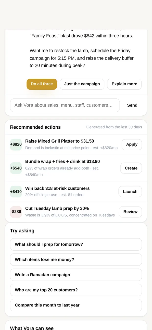The suggested questions Vora can answer, and the panel naming what data it is allowed to read